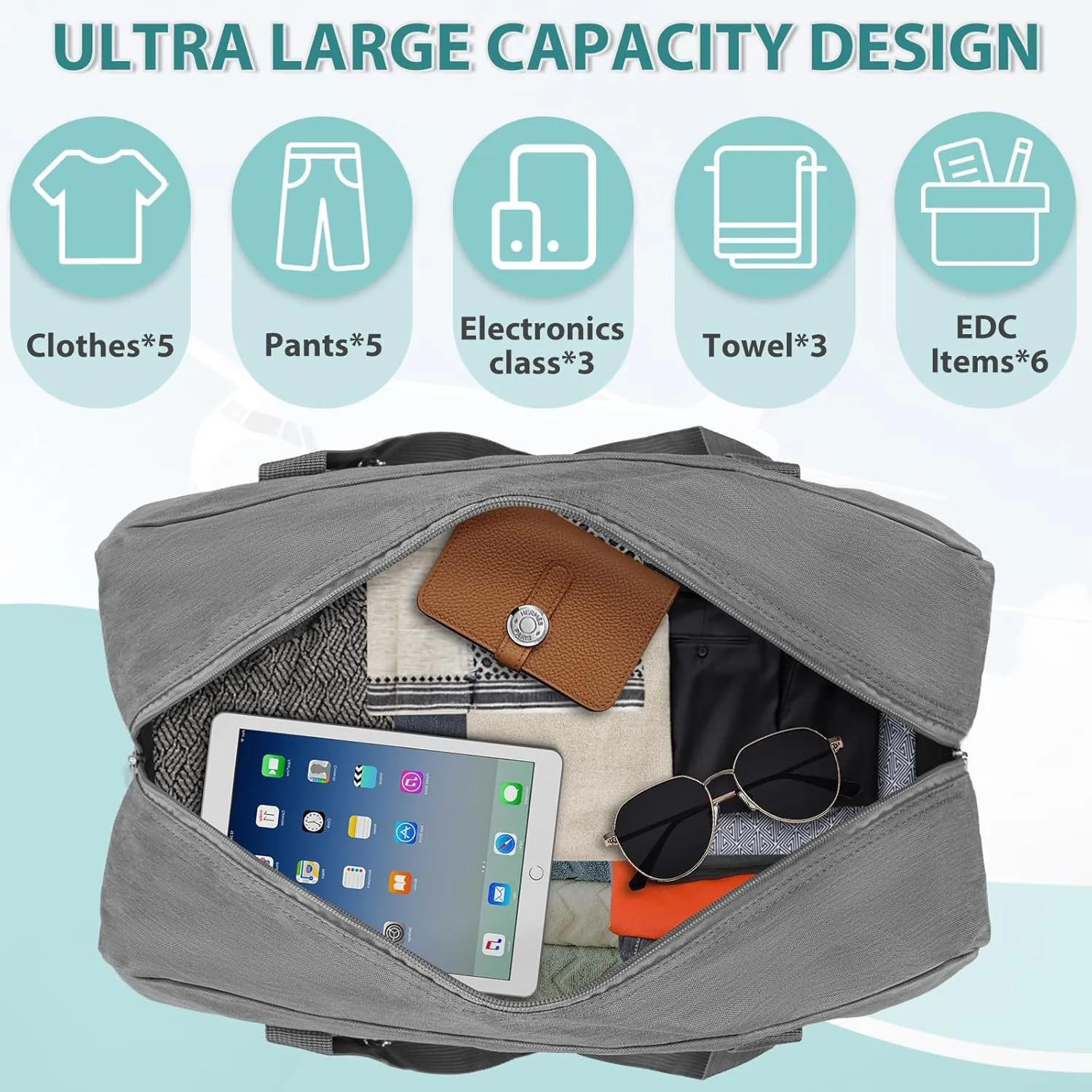 For Spirit Airlines Personal Item Bag 18x14x8, Foldable Travel Duffel Bag Tote Carry on Luggage Duffle Weekend Overnight Bag for Women and Men (Gray with Strap)