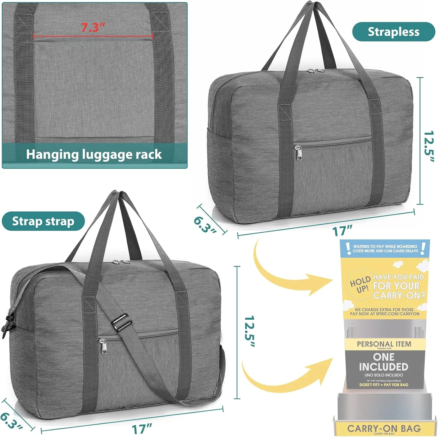 For Spirit Airlines Personal Item Bag 18x14x8, Foldable Travel Duffel Bag Tote Carry on Luggage Duffle Weekend Overnight Bag for Women and Men (Gray with Strap)