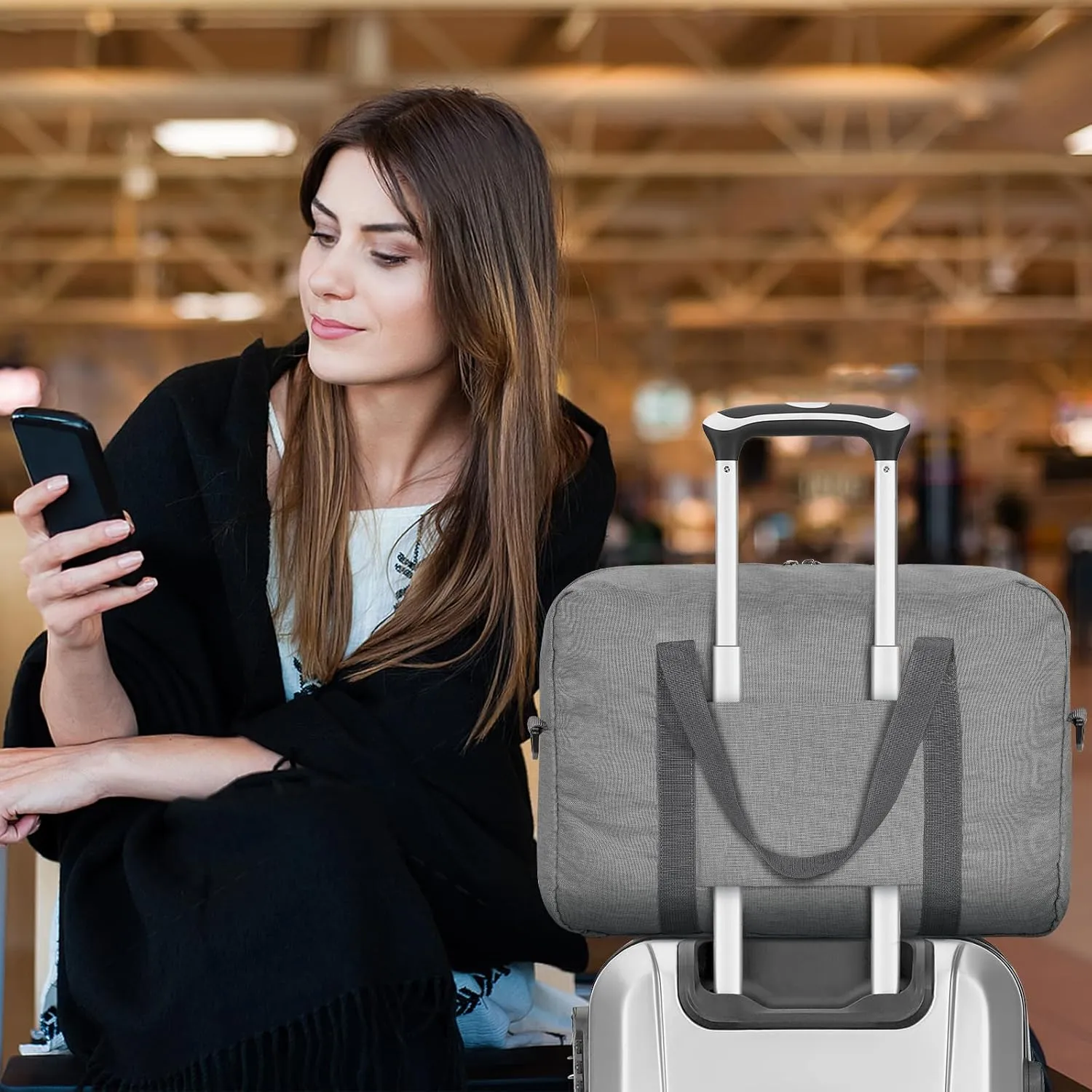 For Spirit Airlines Personal Item Bag 18x14x8, Foldable Travel Duffel Bag Tote Carry on Luggage Duffle Weekend Overnight Bag for Women and Men (Gray with Strap)