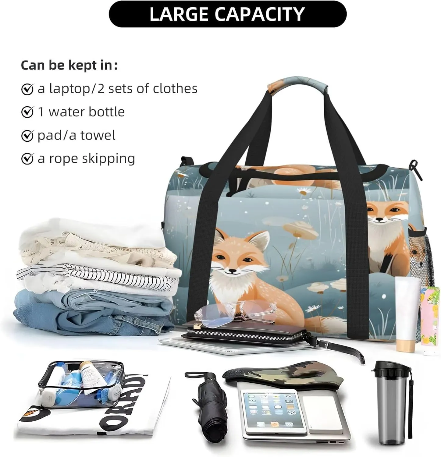 Forest Fox Travel Duffel Bag with Strap Multi Pockets Sports Bag Handbag Large Shoulder Bag for Gym Weekend Fitness Camping