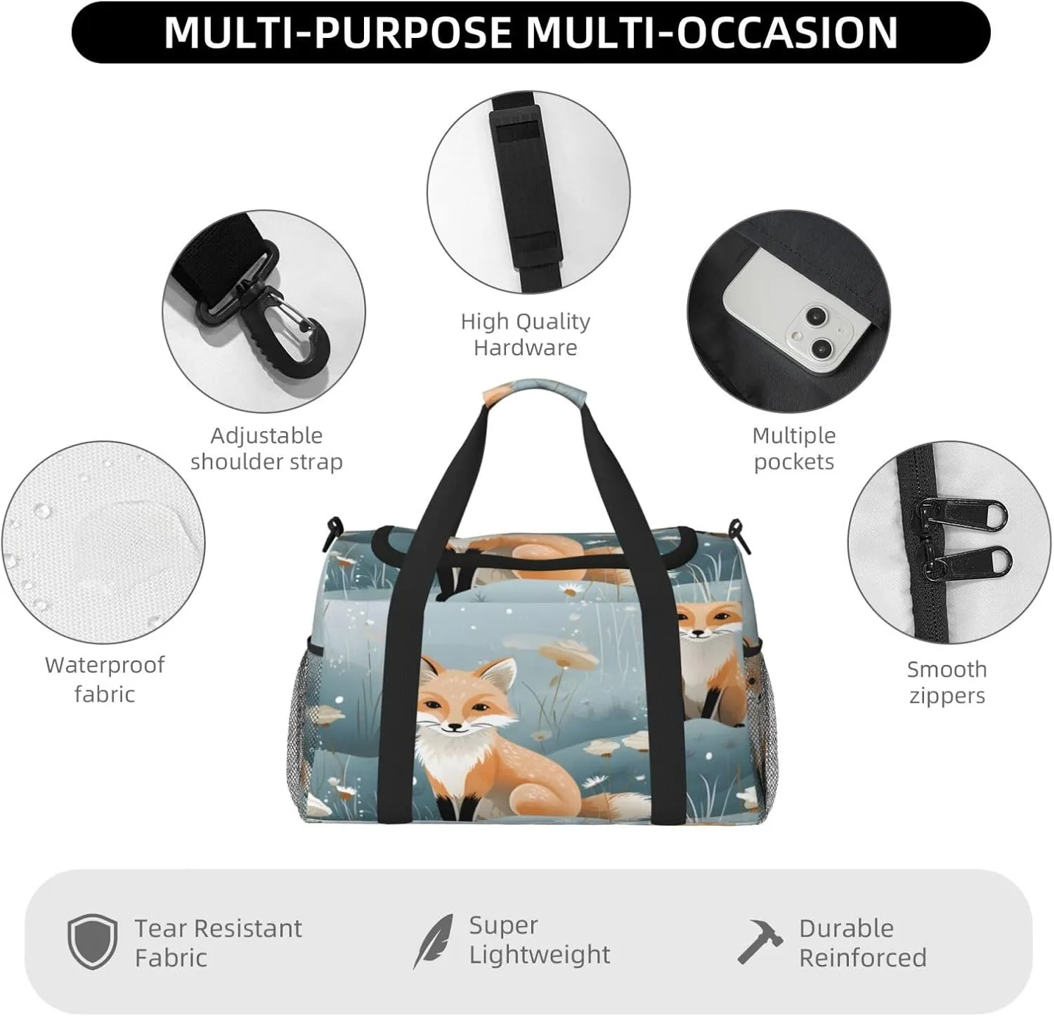 Forest Fox Travel Duffel Bag with Strap Multi Pockets Sports Bag Handbag Large Shoulder Bag for Gym Weekend Fitness Camping