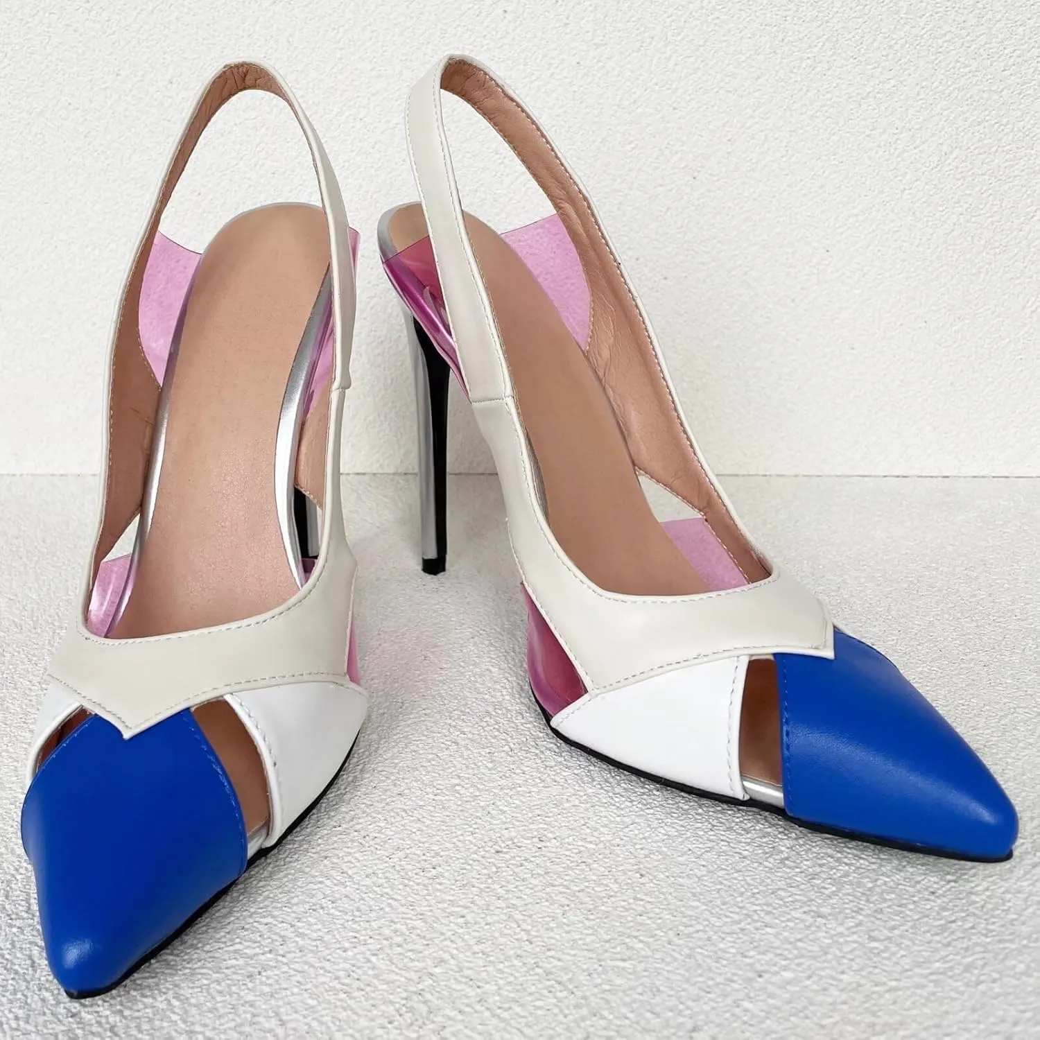 Frankie Hsu Sexy Women Silver Stiletto High Heeled Pumps, White Blue Pink PVC Transparent Fashion Slingback Sandal Shoe, Big Large Size Designer Spike Pumps for Women Men