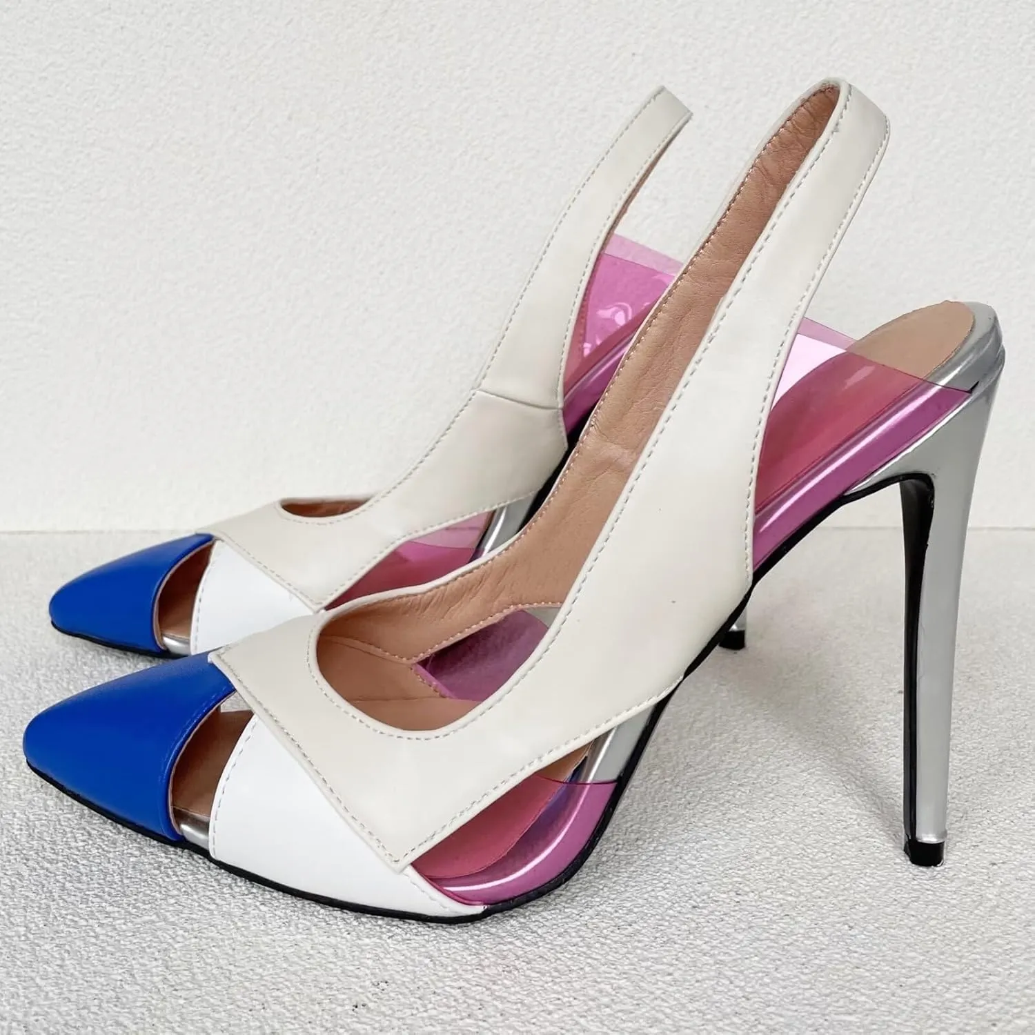 Frankie Hsu Sexy Women Silver Stiletto High Heeled Pumps, White Blue Pink PVC Transparent Fashion Slingback Sandal Shoe, Big Large Size Designer Spike Pumps for Women Men