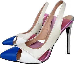 Frankie Hsu Sexy Women Silver Stiletto High Heeled Pumps, White Blue Pink PVC Transparent Fashion Slingback Sandal Shoe, Big Large Size Designer Spike Pumps for Women Men