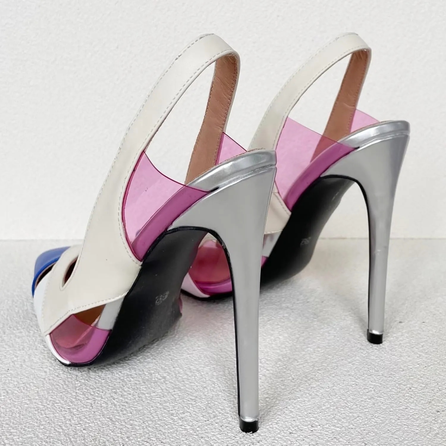 Frankie Hsu Sexy Women Silver Stiletto High Heeled Pumps, White Blue Pink PVC Transparent Fashion Slingback Sandal Shoe, Big Large Size Designer Spike Pumps for Women Men