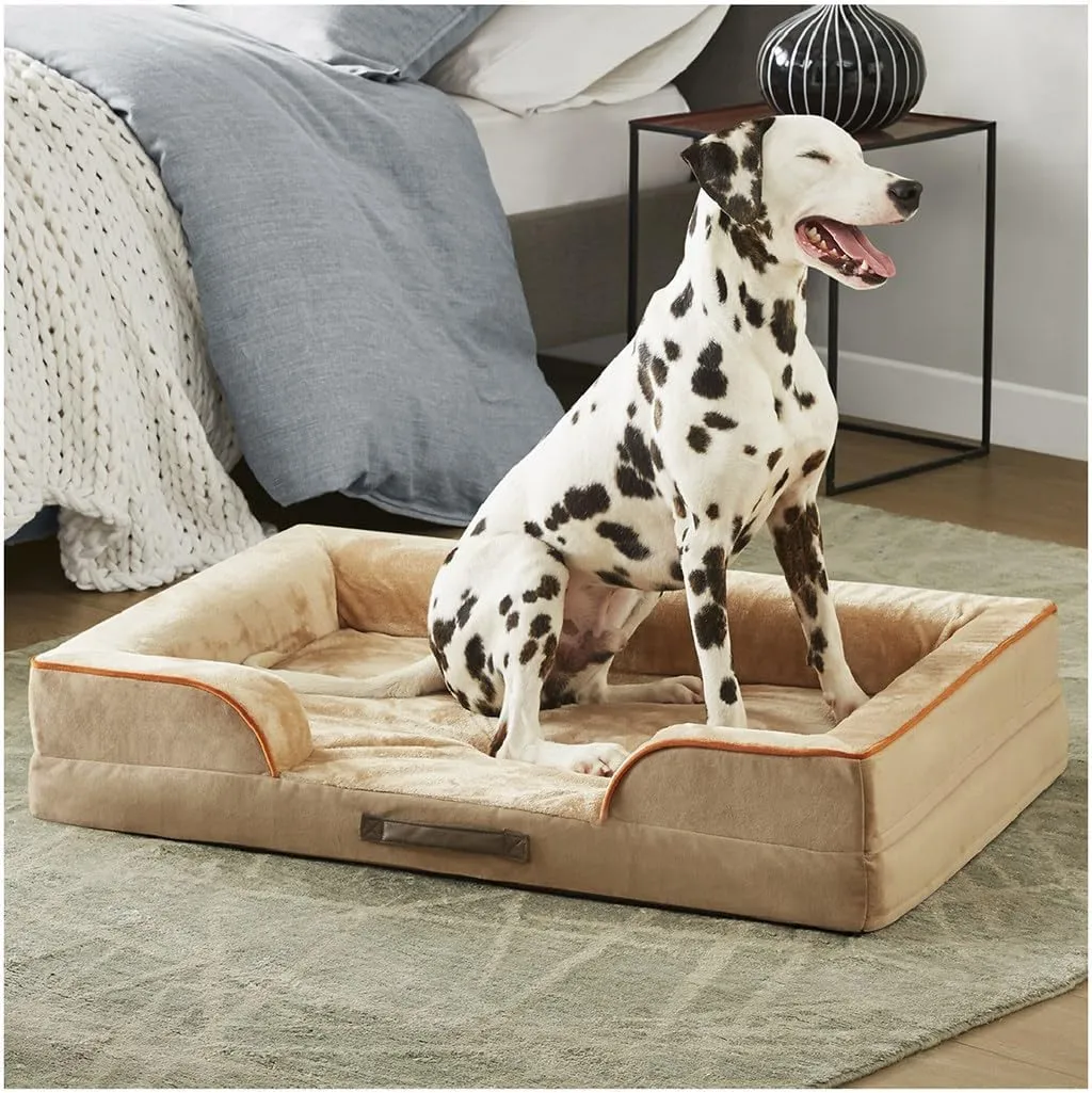 Friends Forever Orthopedic Dog Bed for Large Dogs, Waterproof Memory Foam Dog Sofa Bed L with Removable Washable Cover, Ally Khaki, 35x25x6.5