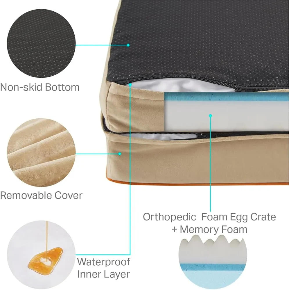 Friends Forever Orthopedic Dog Bed for Large Dogs, Waterproof Memory Foam Dog Sofa Bed L with Removable Washable Cover, Ally Khaki, 35x25x6.5