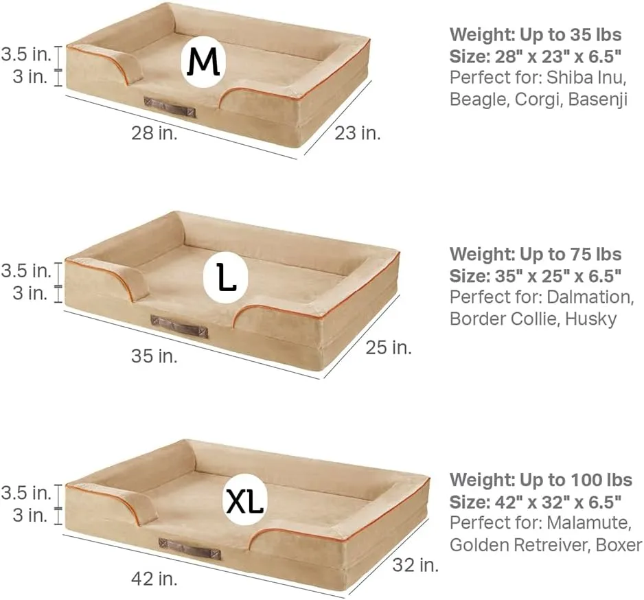 Friends Forever Orthopedic Dog Bed for Large Dogs, Waterproof Memory Foam Dog Sofa Bed L with Removable Washable Cover, Ally Khaki, 35x25x6.5