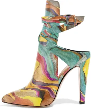 FSJ Women Pointed Toe Chunky High Heel Strappy Dress Bootie Pump Ankle Wrap Slingback Sandal Shoes Size 4-15 M US