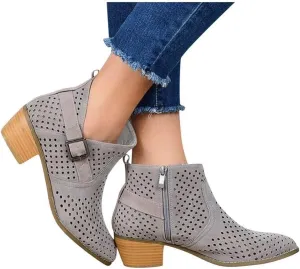 Gibobby Ankle Boots for Women Low Heel,Slip-On Loafers Pointed Toe Chunky Hollow Bucket Office Casual Shoes Cutout Booties