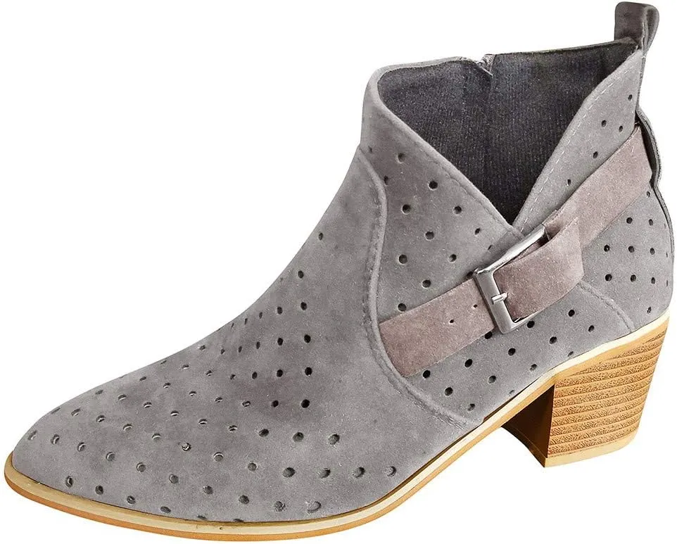 Gibobby Ankle Boots for Women Low Heel,Slip-On Loafers Pointed Toe Chunky Hollow Bucket Office Casual Shoes Cutout Booties