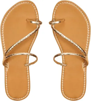 GORGLITTER Women's Metallic Cross Strap Toe Ring Flat Sandals Round Open Toe Slide Shoes