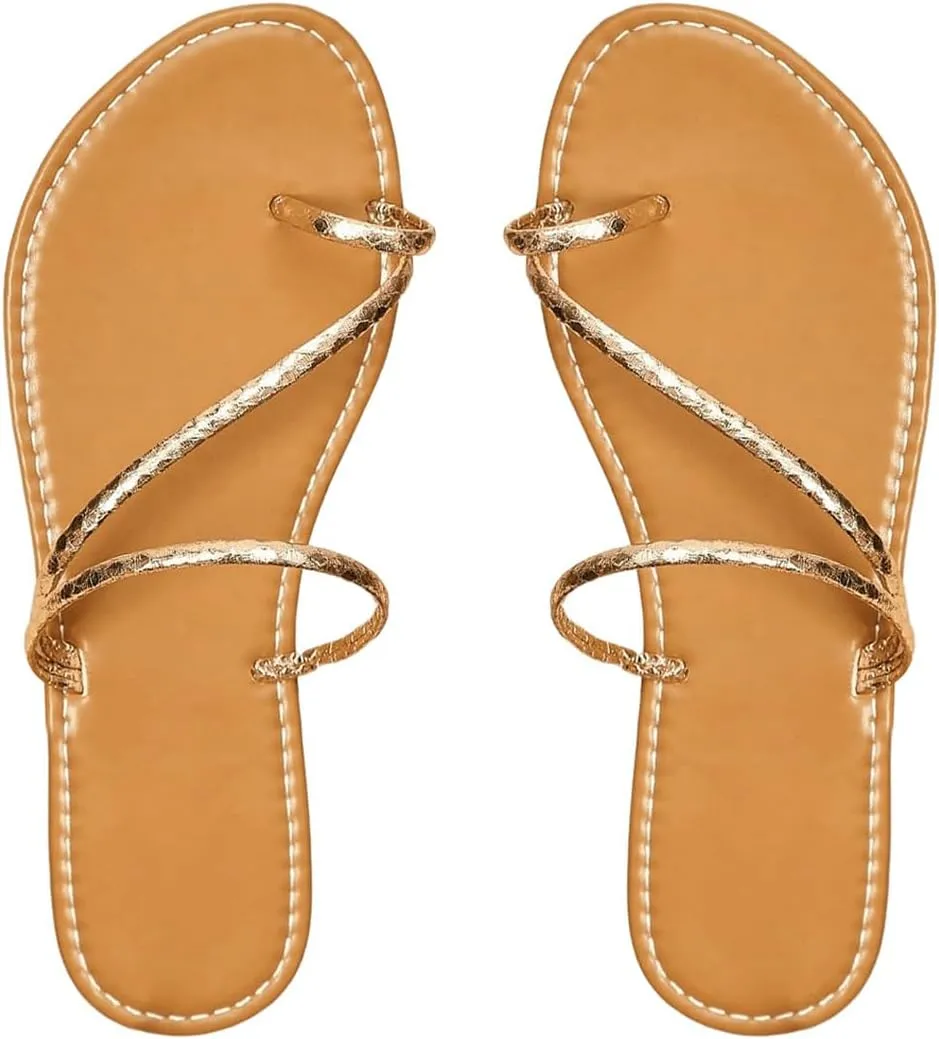 GORGLITTER Women's Metallic Cross Strap Toe Ring Flat Sandals Round Open Toe Slide Shoes