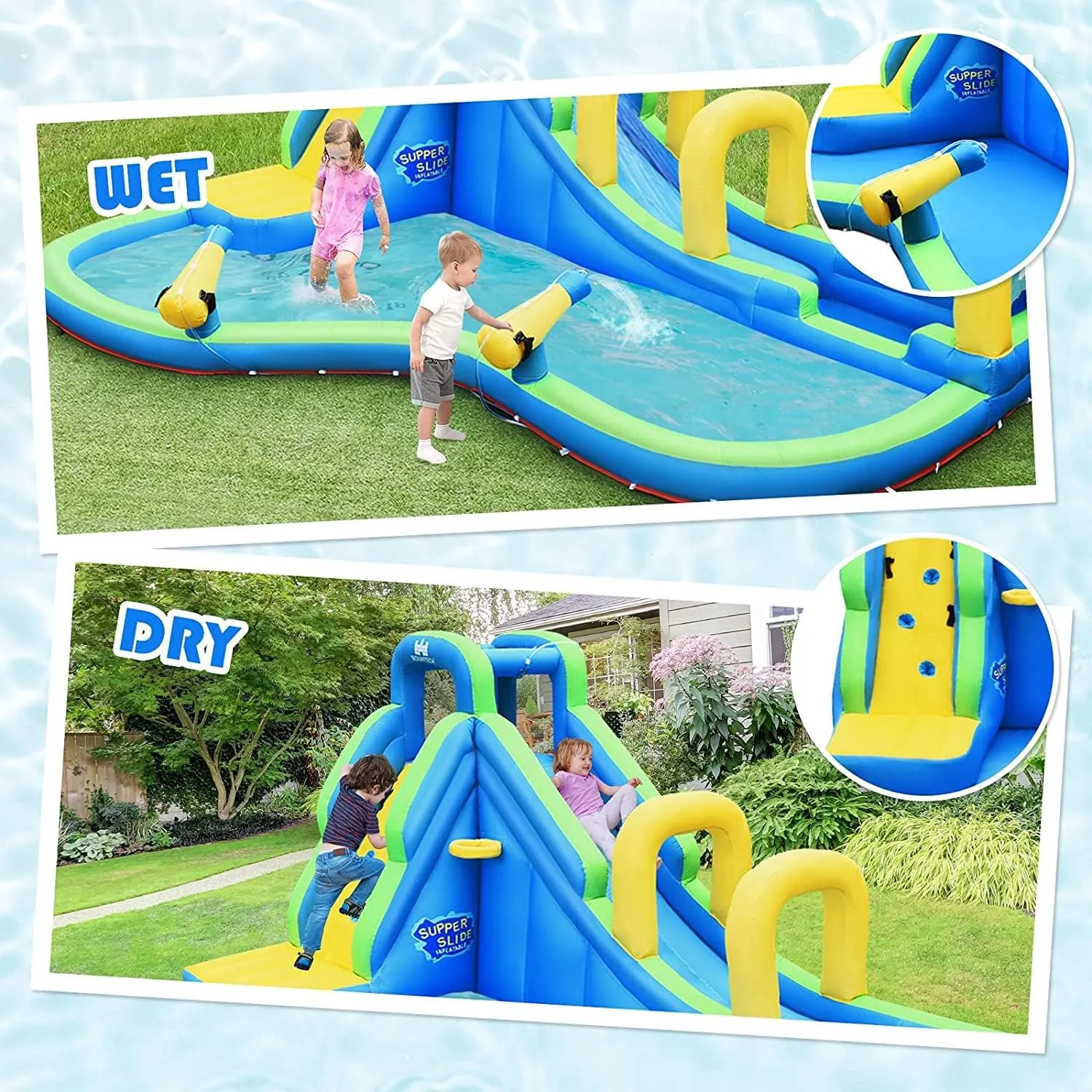HONEY JOY Inflatable Water Slide, 5 in 1 Water Park Castle Bouncy House w/Water Cannons, Long Slide w/Arch, Indoor Outdoor Blow Up Waterslide Inflatables for Kids and Adults Backyard(With 750w Blower)