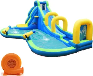 HONEY JOY Inflatable Water Slide, 5 in 1 Water Park Castle Bouncy House w/Water Cannons, Long Slide w/Arch, Indoor Outdoor Blow Up Waterslide Inflatables for Kids and Adults Backyard(With 750w Blower)