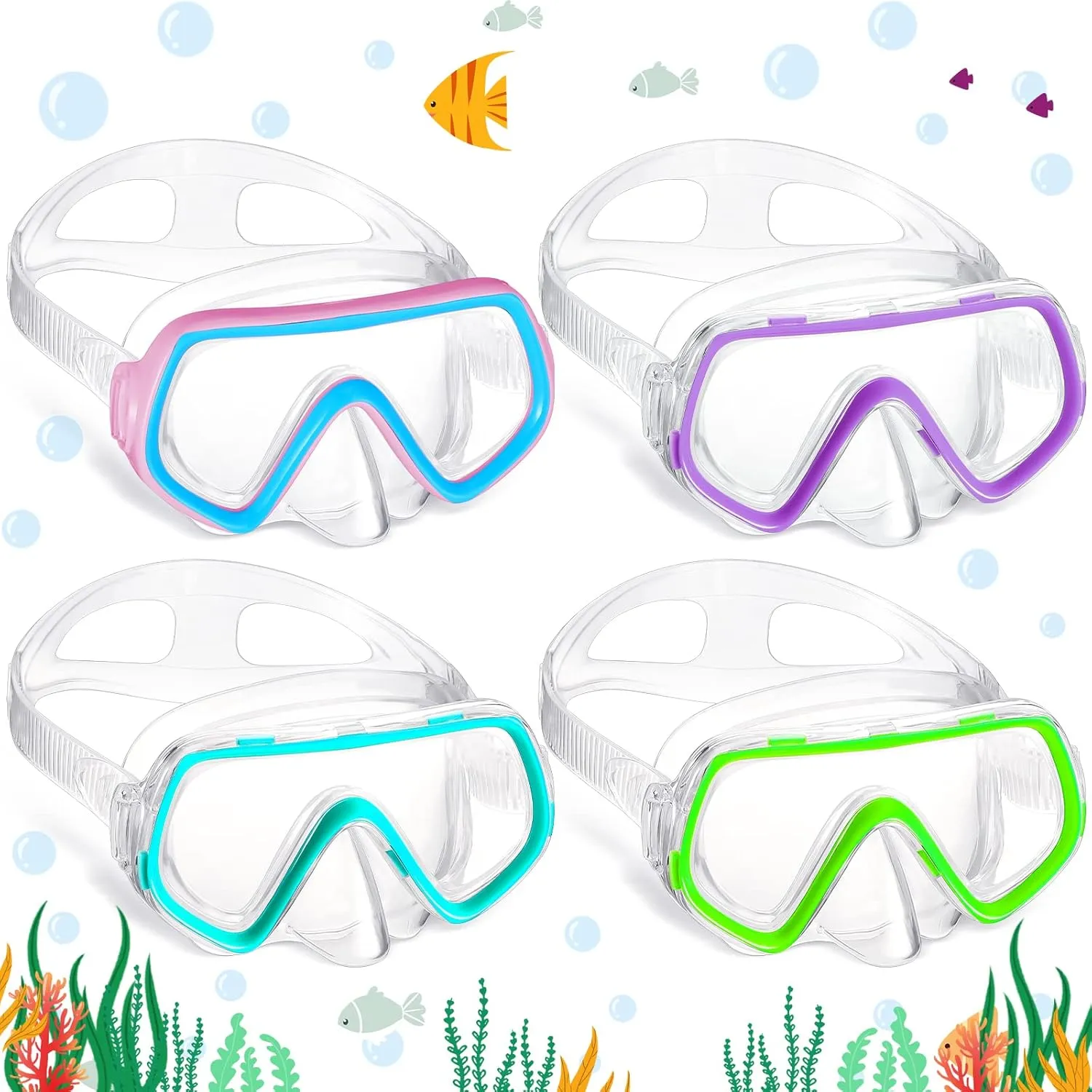Hoolerry 4 Pcs Kids Nose Goggles Swim Goggles with Nose Cover for 3-8 Tempered Glass Snorkel Dive Mask Anti Fog with Elastic Strap No Leak Swimming Mask for Summer Diving Snorkeling