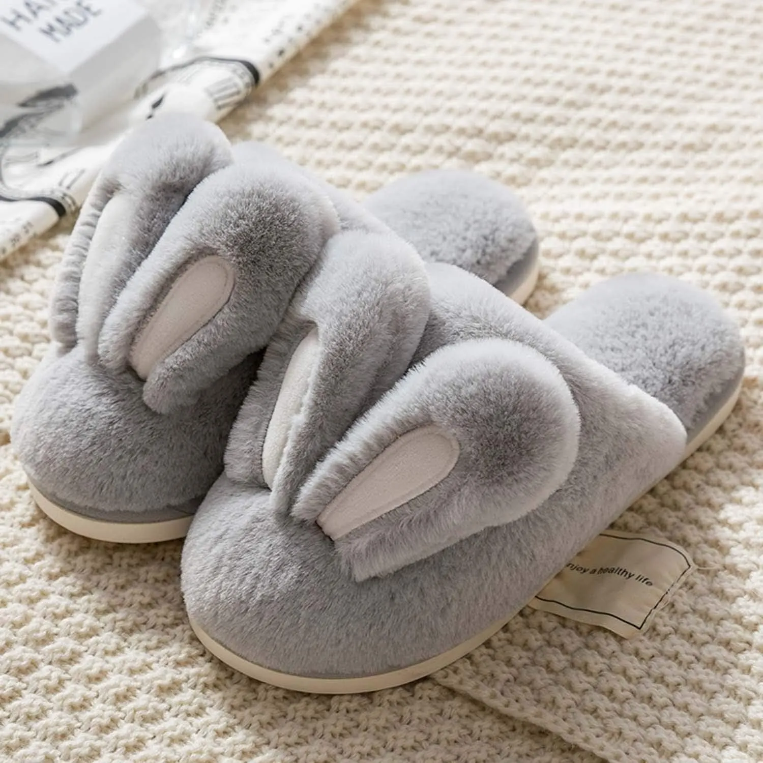 Hopelong Women's Cute Rabbit Ears Plush House Slippers - Non-Slip Fluffy Indoor Warm Animal Slippers