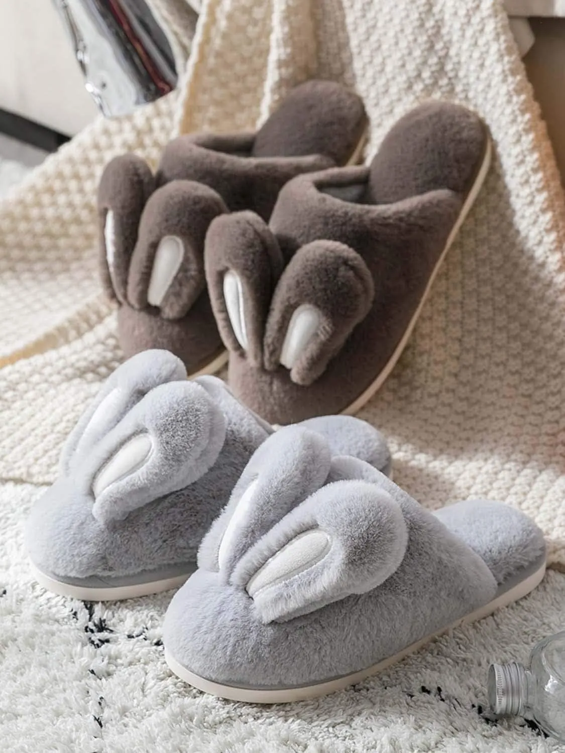 Hopelong Women's Cute Rabbit Ears Plush House Slippers - Non-Slip Fluffy Indoor Warm Animal Slippers