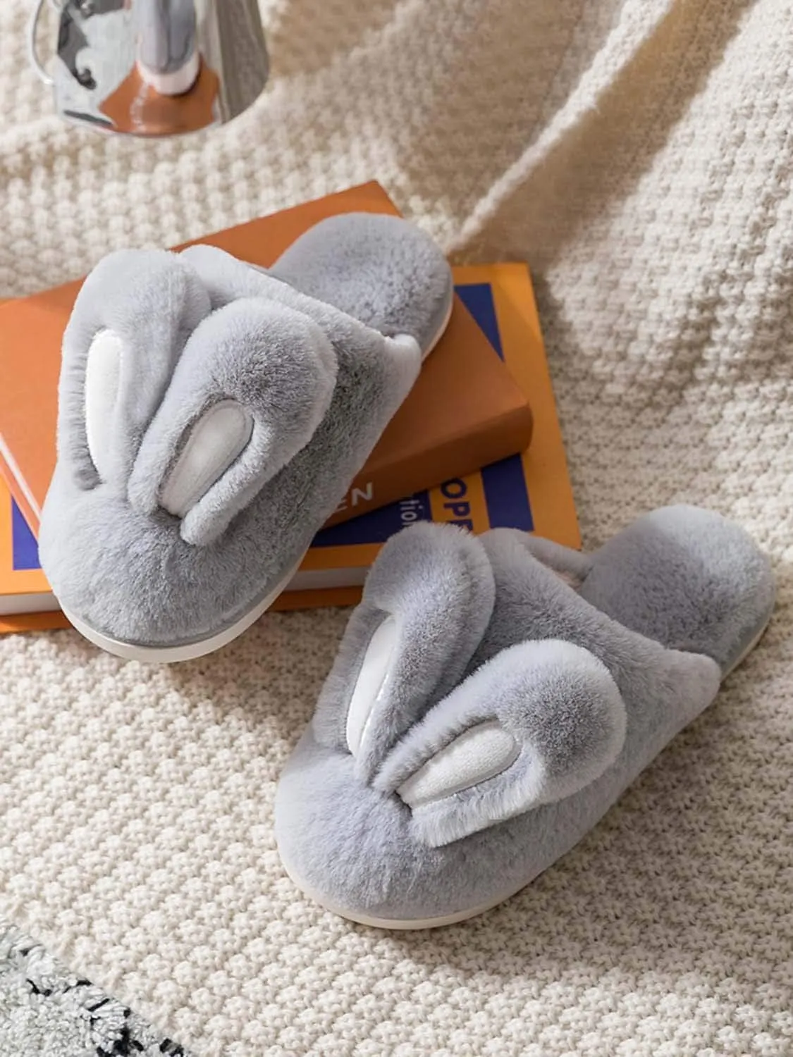 Hopelong Women's Cute Rabbit Ears Plush House Slippers - Non-Slip Fluffy Indoor Warm Animal Slippers