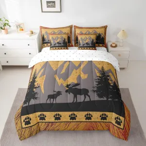 Hunting Moose Comforter Set 7 Piece, Wildlife Deer Bedding Sets Queen Size Rustic Farmhouse Bed In A Bag For Kids Boys Teens Adult, Retro Animal Footprints Bedding Comforter Sets Cabin Lodge Decor