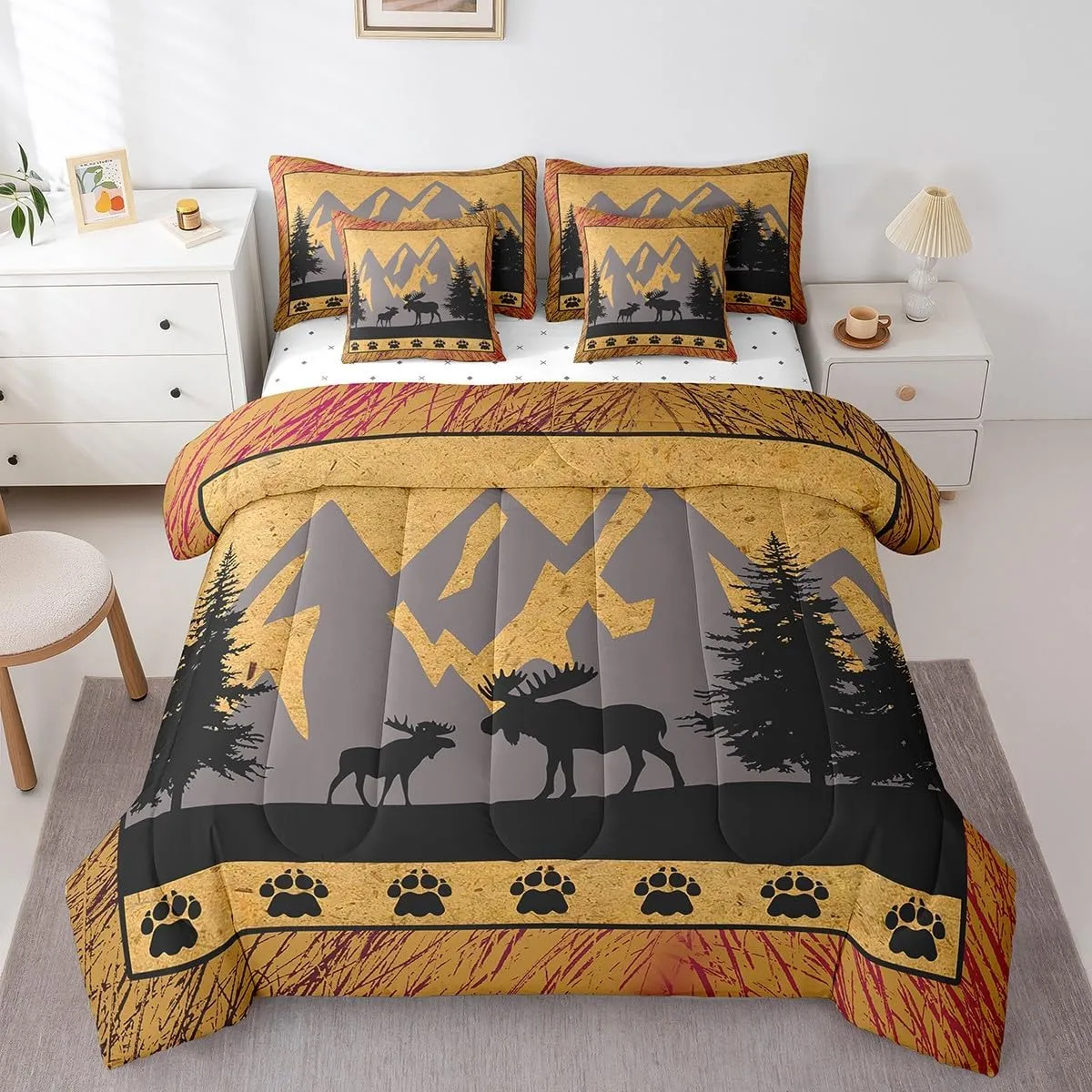 Hunting Moose Comforter Set 7 Piece, Wildlife Deer Bedding Sets Queen Size Rustic Farmhouse Bed In A Bag For Kids Boys Teens Adult, Retro Animal Footprints Bedding Comforter Sets Cabin Lodge Decor