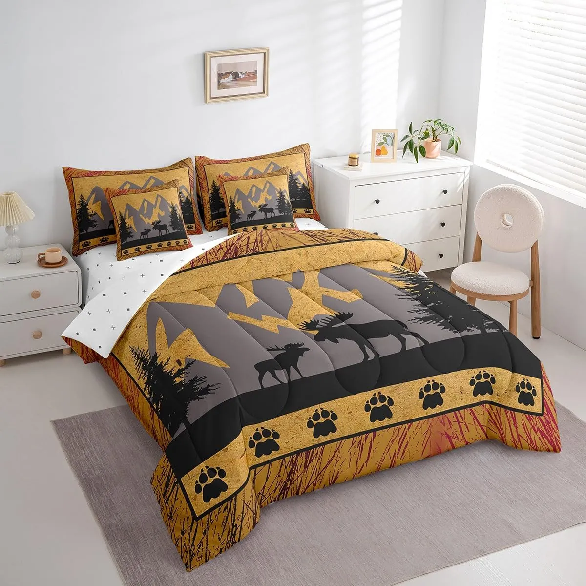 Hunting Moose Comforter Set 7 Piece, Wildlife Deer Bedding Sets Queen Size Rustic Farmhouse Bed In A Bag For Kids Boys Teens Adult, Retro Animal Footprints Bedding Comforter Sets Cabin Lodge Decor