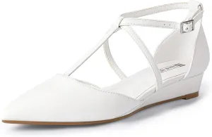 IDIFU Strappy Flat Shoes Pointed Closed Toe Dress Shoes for Women Buckle Ankle T Strap Wedge Flats Wedding Bride Bridal Guest Business Casual Office Prom Dressy Comfortable Formal Women's Flats Shoes