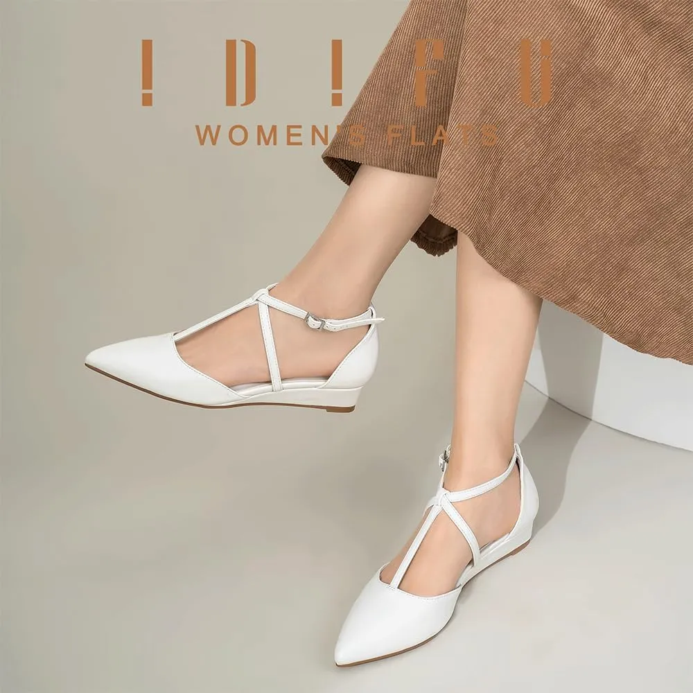 IDIFU Strappy Flat Shoes Pointed Closed Toe Dress Shoes for Women Buckle Ankle T Strap Wedge Flats Wedding Bride Bridal Guest Business Casual Office Prom Dressy Comfortable Formal Women's Flats Shoes