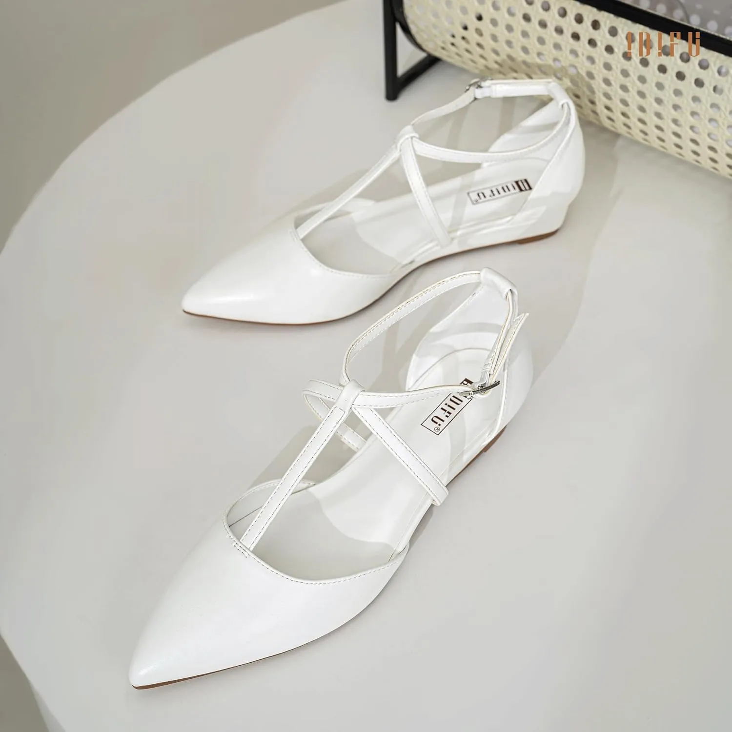 IDIFU Strappy Flat Shoes Pointed Closed Toe Dress Shoes for Women Buckle Ankle T Strap Wedge Flats Wedding Bride Bridal Guest Business Casual Office Prom Dressy Comfortable Formal Women's Flats Shoes