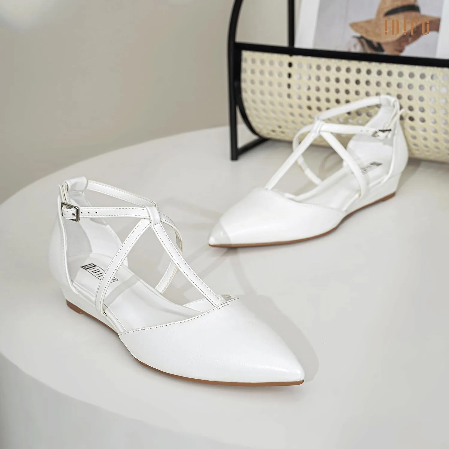 IDIFU Strappy Flat Shoes Pointed Closed Toe Dress Shoes for Women Buckle Ankle T Strap Wedge Flats Wedding Bride Bridal Guest Business Casual Office Prom Dressy Comfortable Formal Women's Flats Shoes