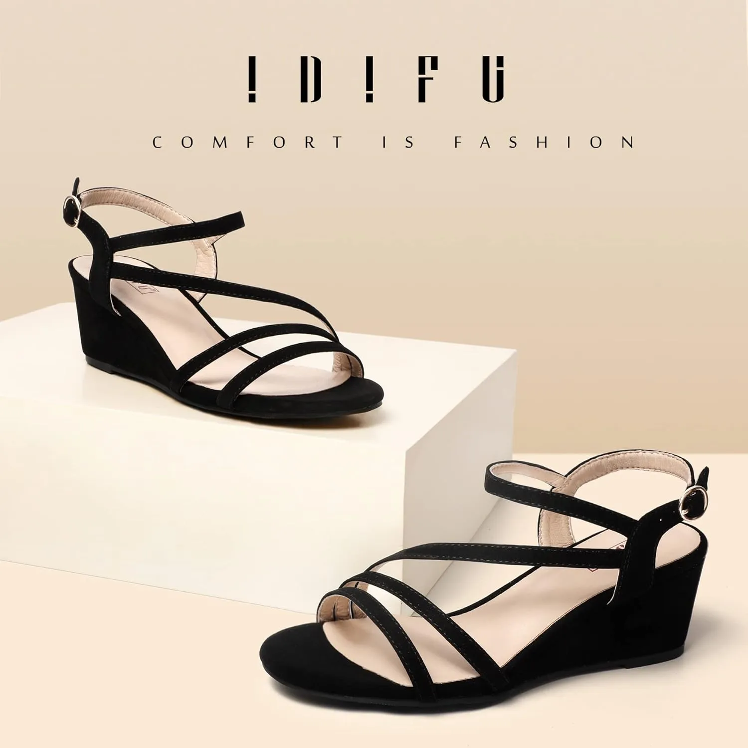 IDIFU Women's Wedge Heel Sandal Dress Low Strappy 2 Inch Open Toe Wedding Bridal Shoes for Woman Ladies Evening Formal