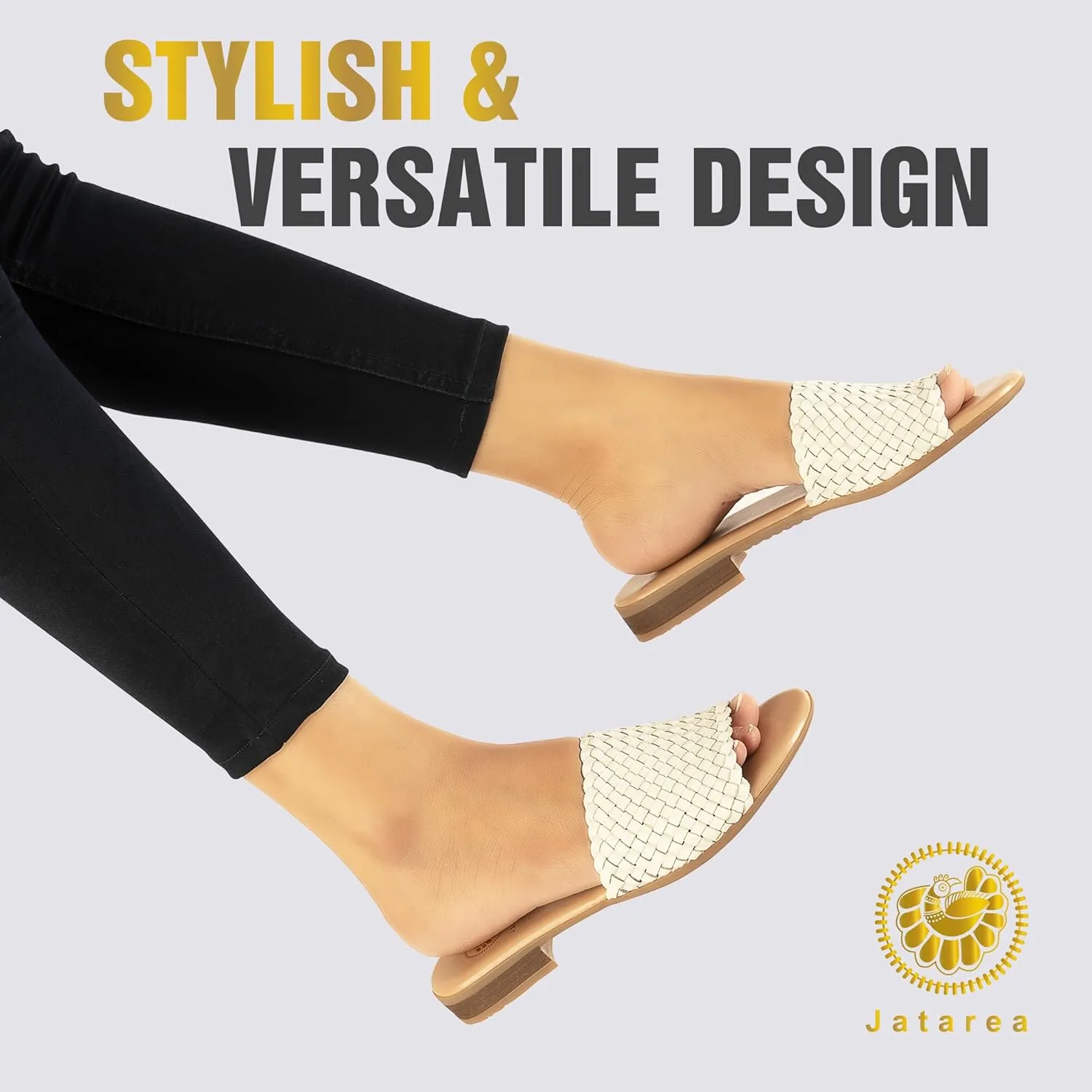 JATAREA Women’s Slip-On Flat Sandals with Round Open Toe | Dressy Summer Slides for Women