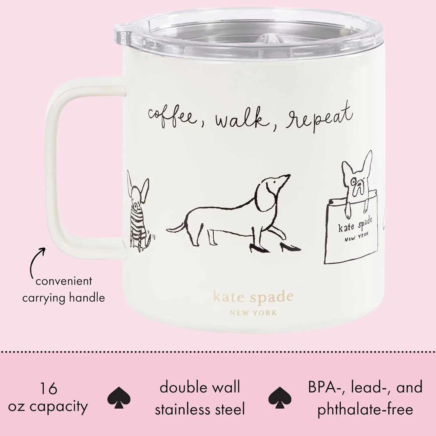 kate spade new york Stainless Steel Insulated Mug with Handle and Lid, 16 Ounce Double Wall Tumbler, Reusable Coffee Travel Mug for Hot and Cold Drinks, Dog Party