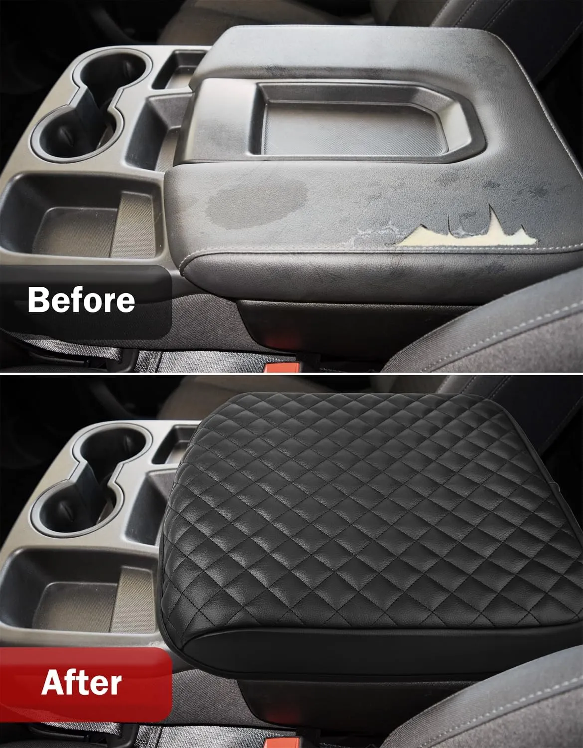 KBH Center Console Armrest Cover for Chevy Silverado & GMC Sierra 1500/2500/3500 2019 2020 2021 2022 2023 2024 2025, 40/20/40 Jump Seat, Vinyl Leather, Anti-Scratch, Black