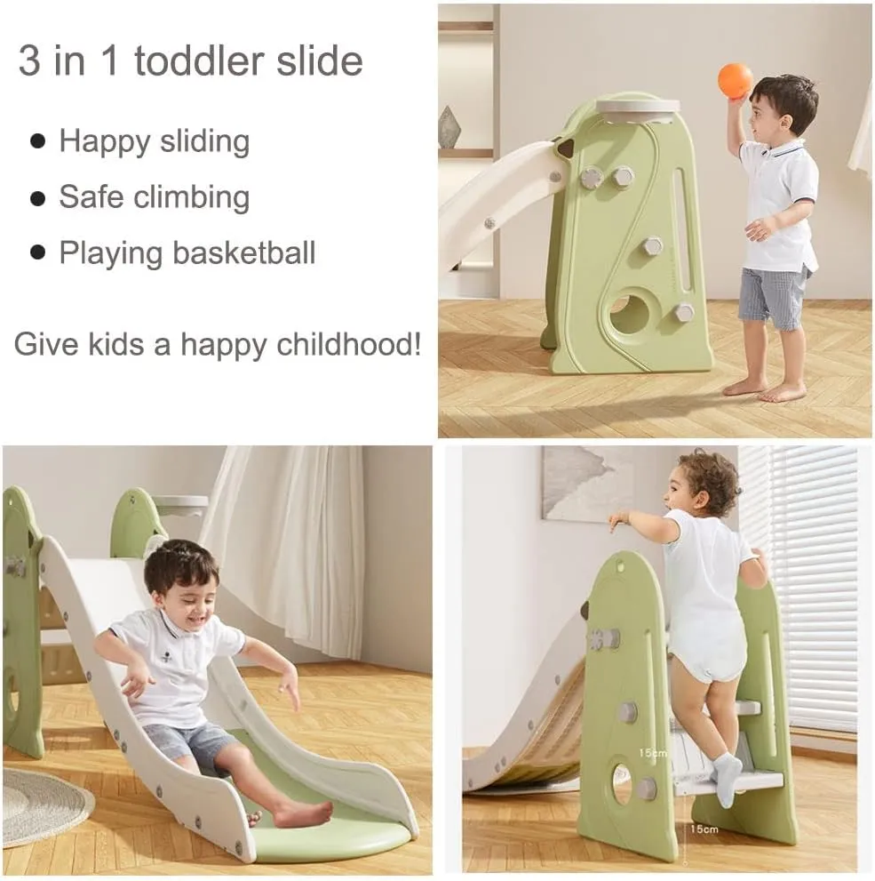 Kid Slide Toddler Slide for Kids with Basketball Hoop, Indoor and Outdoor Backyard Baby Playground, Freestanding Baby Slide Climber Playset Toys, Toddlers Age 2-7 Green