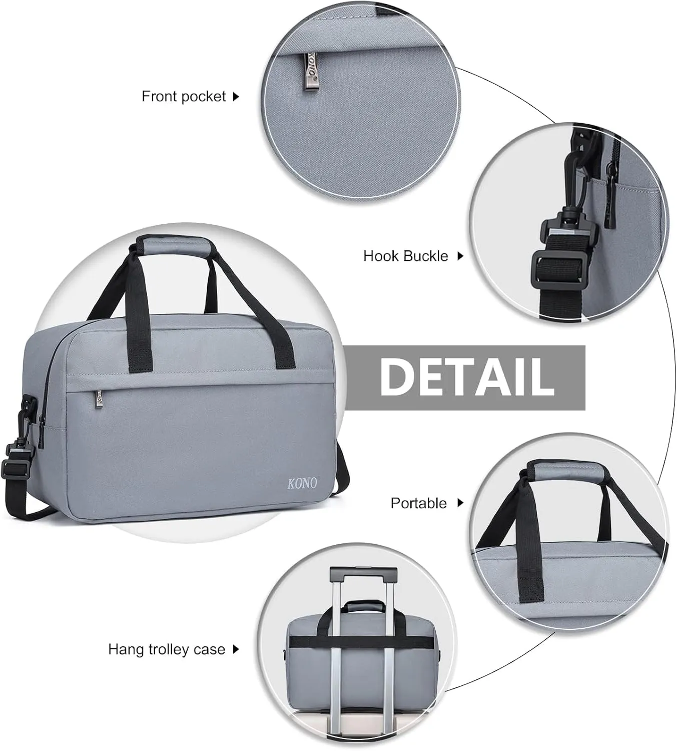 Kono Travel Duffels Bag, Cabin Luggage Under Seat Flight Carry-on Bag Unisex Sports Holdall (Grey, 20L)