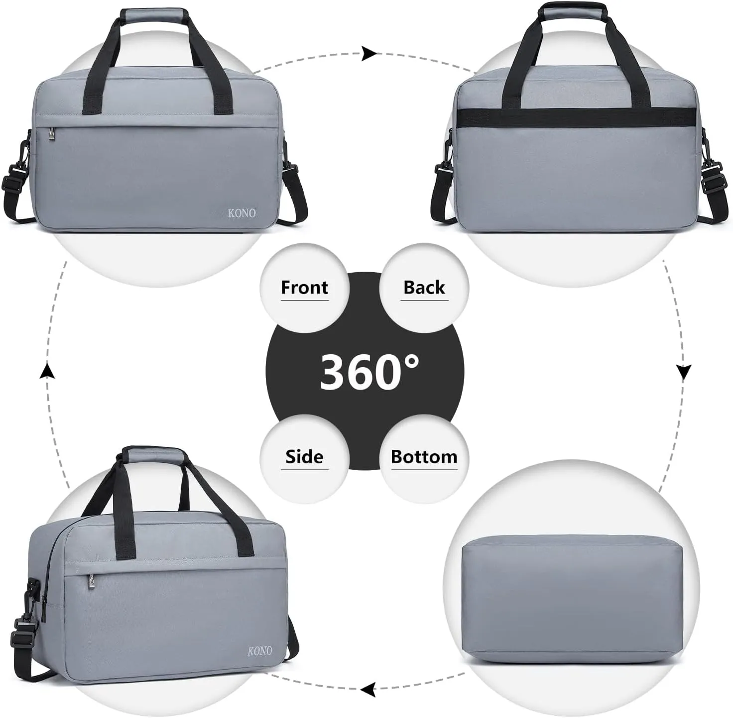 Kono Travel Duffels Bag, Cabin Luggage Under Seat Flight Carry-on Bag Unisex Sports Holdall (Grey, 20L)