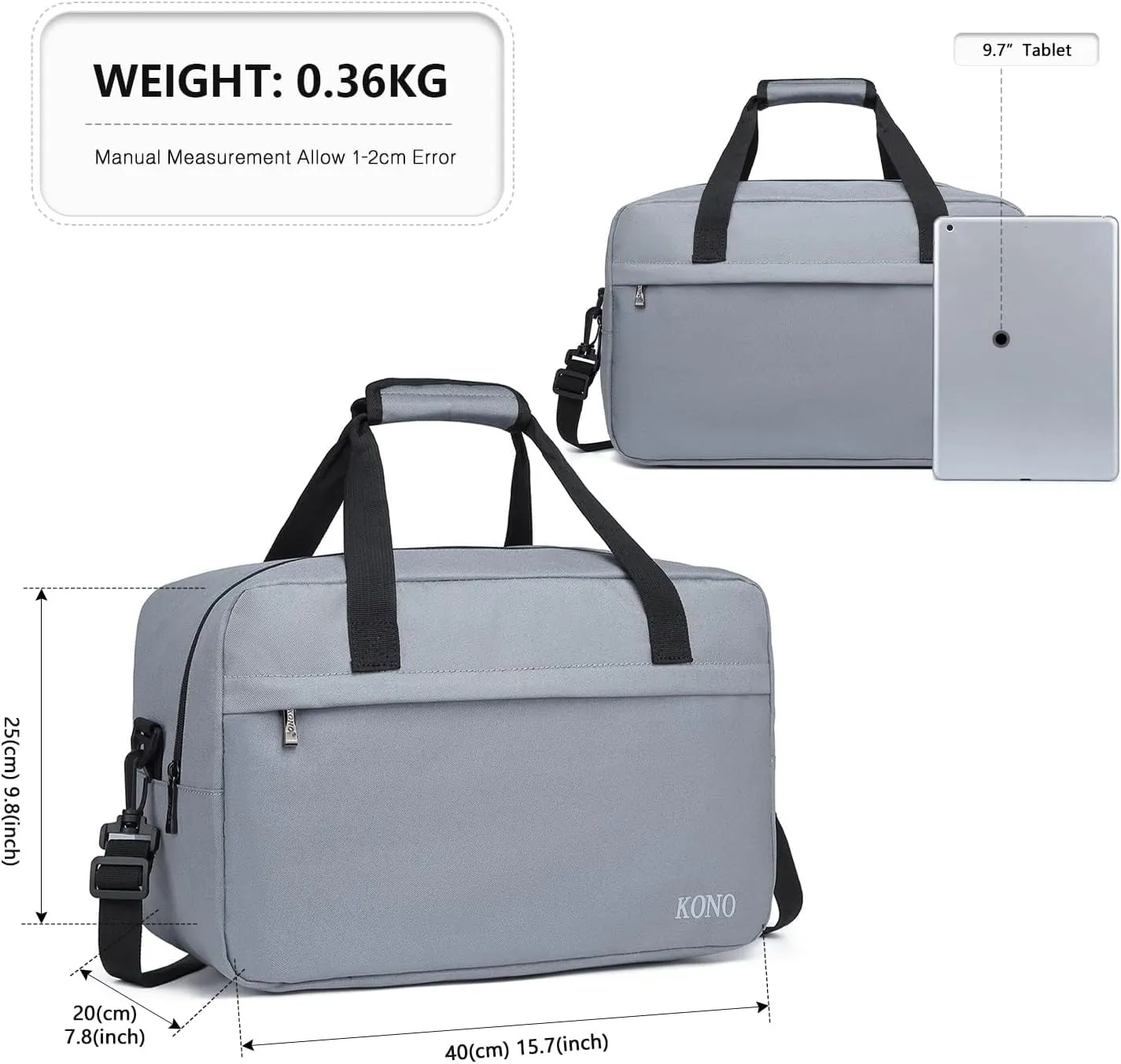 Kono Travel Duffels Bag, Cabin Luggage Under Seat Flight Carry-on Bag Unisex Sports Holdall (Grey, 20L)