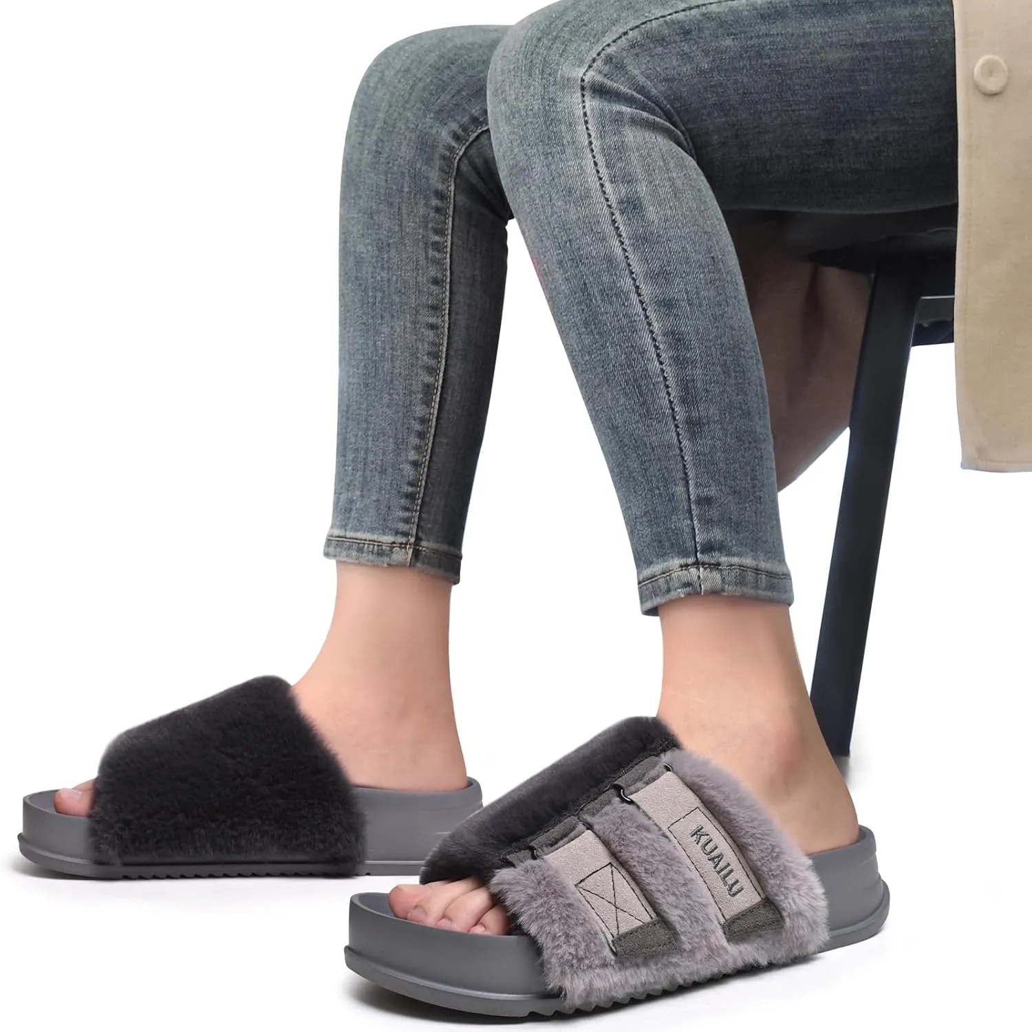 KuaiLu Women's Orthotic Slippers With Arch Support Soft Cushion Sandal Slippers for Woman Ladies Fashion Open Toe Faux Fur Platform Slipper Indoor Outdoor Size 6~12