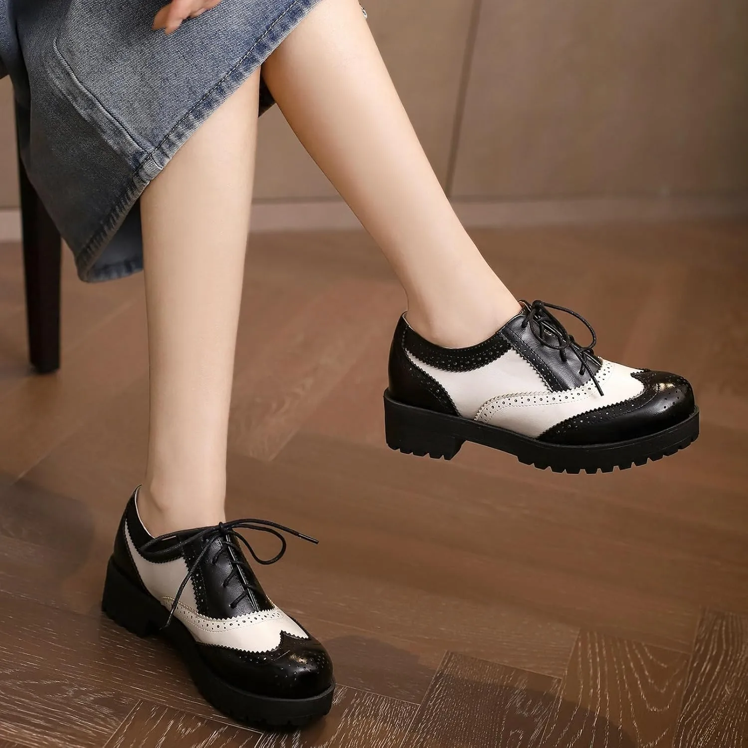 KysBloes Women Lace Up Platform Oxford Shoes Chunky Heel Wingtip Pumps Vintage Brogue Saddle Shoes
