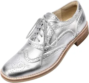 Leather Full Brogue Wingtip Oxfords for Women, Retro Perforated Detailing and Serrated Accents Lace Up Dress Shoes