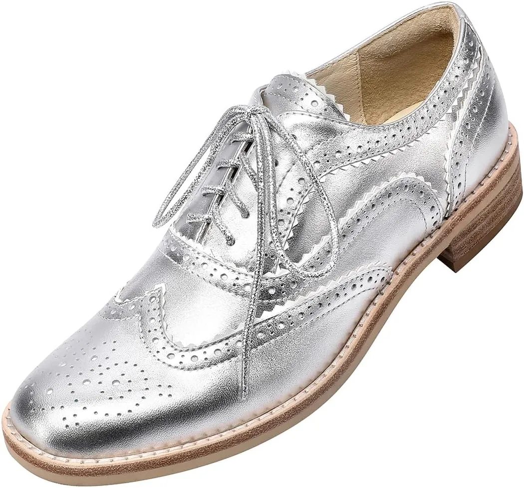 Leather Full Brogue Wingtip Oxfords for Women, Retro Perforated Detailing and Serrated Accents Lace Up Dress Shoes