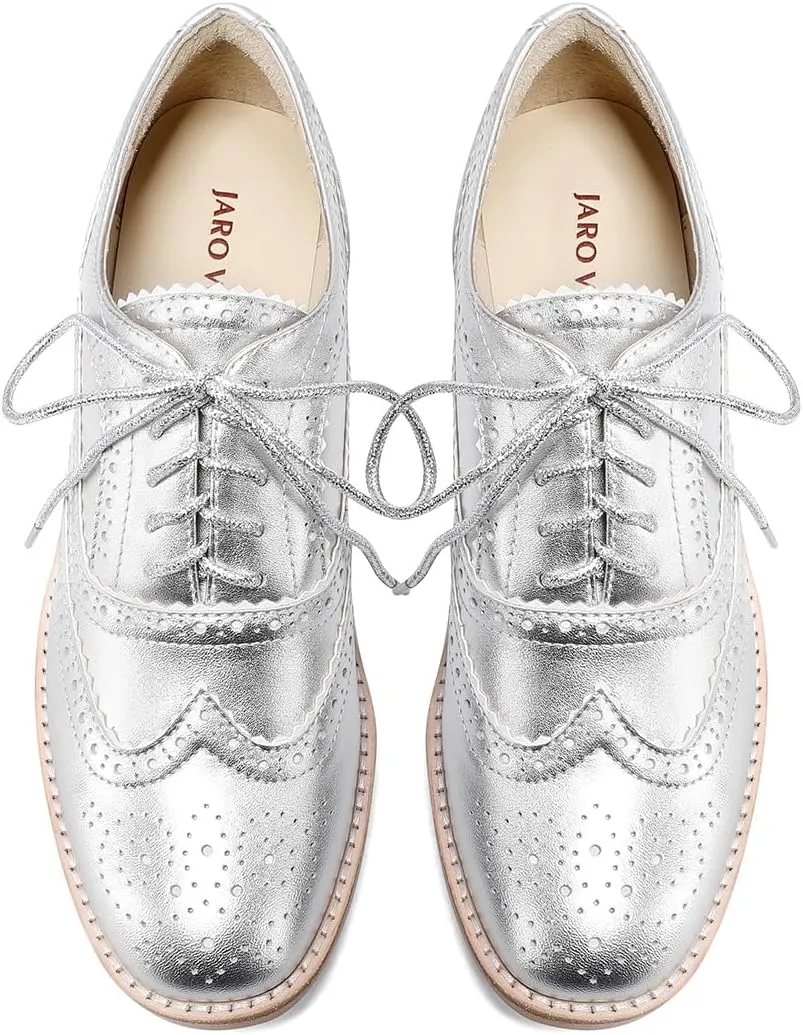 Leather Full Brogue Wingtip Oxfords for Women, Retro Perforated Detailing and Serrated Accents Lace Up Dress Shoes
