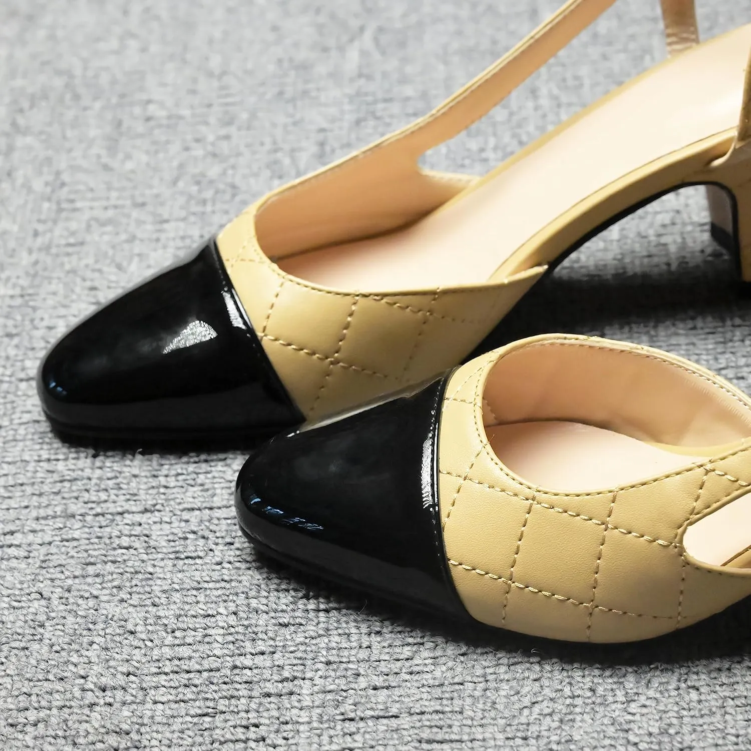 LEHOOR Chunky Heel Slingback Pumps Cap Toe Two Toned for Women, Mid Block Heel Almond Pointy Toe Sandals Quarter Strap Hollowed Backless D’Orsay Slip On Sandals Office Party Prom 5-13 M US