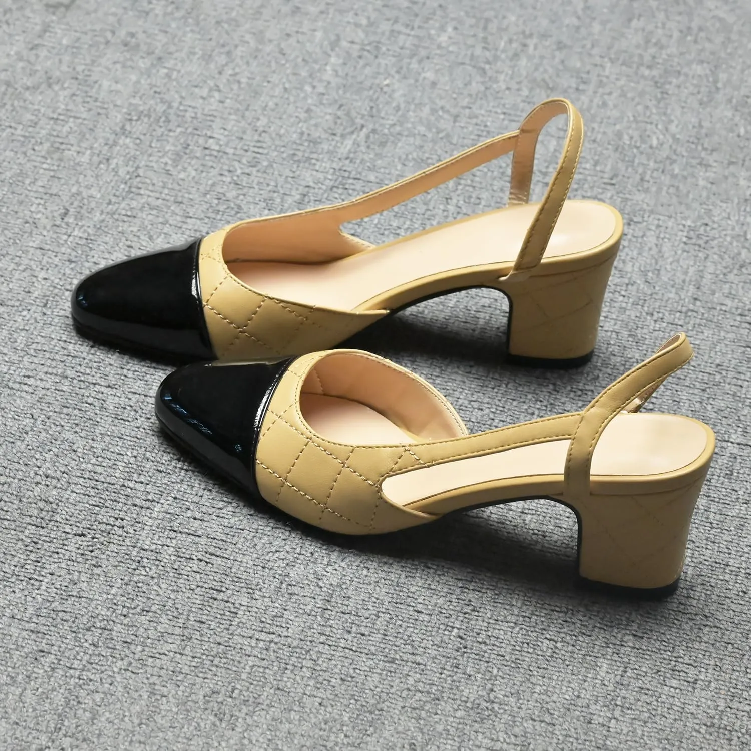 LEHOOR Chunky Heel Slingback Pumps Cap Toe Two Toned for Women, Mid Block Heel Almond Pointy Toe Sandals Quarter Strap Hollowed Backless D’Orsay Slip On Sandals Office Party Prom 5-13 M US