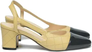 LEHOOR Chunky Heel Slingback Pumps Cap Toe Two Toned for Women, Mid Block Heel Almond Pointy Toe Sandals Quarter Strap Hollowed Backless D’Orsay Slip On Sandals Office Party Prom 5-13 M US