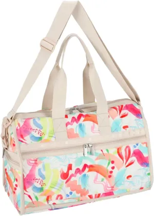 LeSportsac Abstract Canvas Deluxe Medium Weekender Crossbody Bag, Style 4318/Color E838, Vibrant Tropical Watercolor Style Brushstrokes Unite in Eclectic Modern Interpretive Wearable Art in Motion