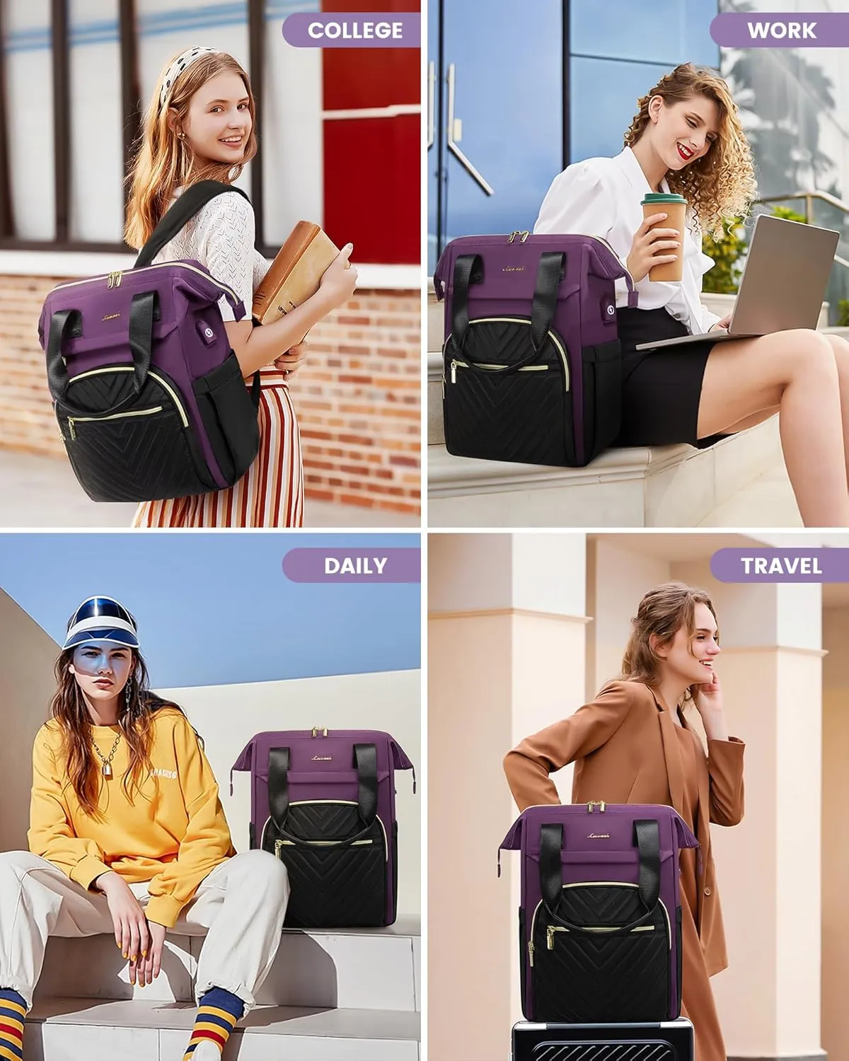 LOVEVOOK Laptop Backpack for Women, 15.6 Inch, Waterproof Teacher Nurse Bag with USB Port, Fashion Travel Business Computer Backpack, Black-Dark Purple