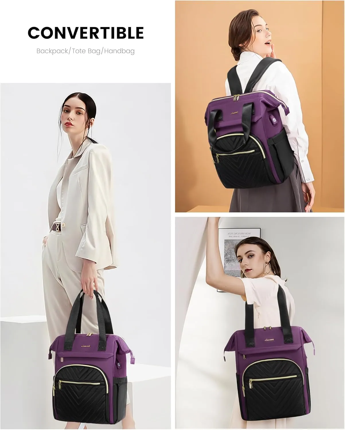 LOVEVOOK Laptop Backpack for Women, 15.6 Inch, Waterproof Teacher Nurse Bag with USB Port, Fashion Travel Business Computer Backpack, Black-Dark Purple