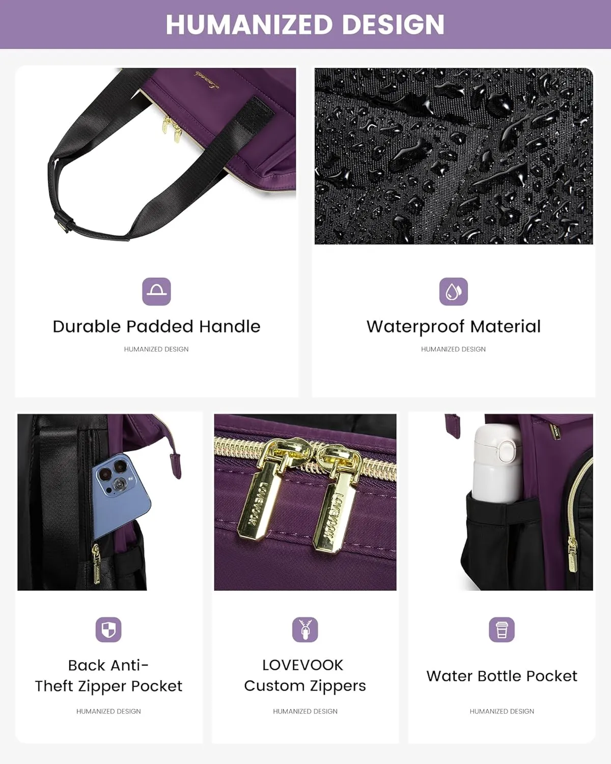 LOVEVOOK Laptop Backpack for Women, 15.6 Inch, Waterproof Teacher Nurse Bag with USB Port, Fashion Travel Business Computer Backpack, Black-Dark Purple
